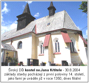 irok Dl kostel sv.Jana Ktitele - 30.8.2004

zklady stavby pochzej z prvn poloviny 14. stolet, jako farn je uvdn ji v roce 1350, dnes fililn